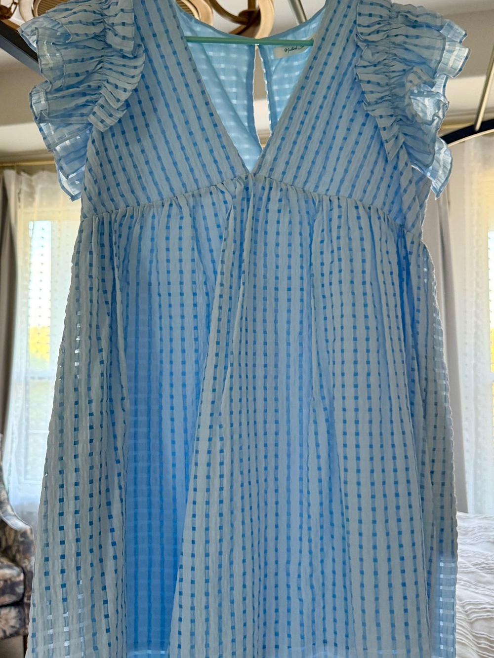 Mustard Seed Light Blue Striped Ruffle Sleeve Tunic